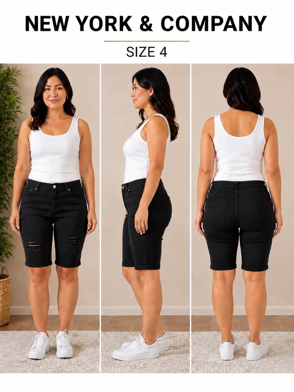 New York & Company Black Distressed Bermuda Denim Shorts Size 4